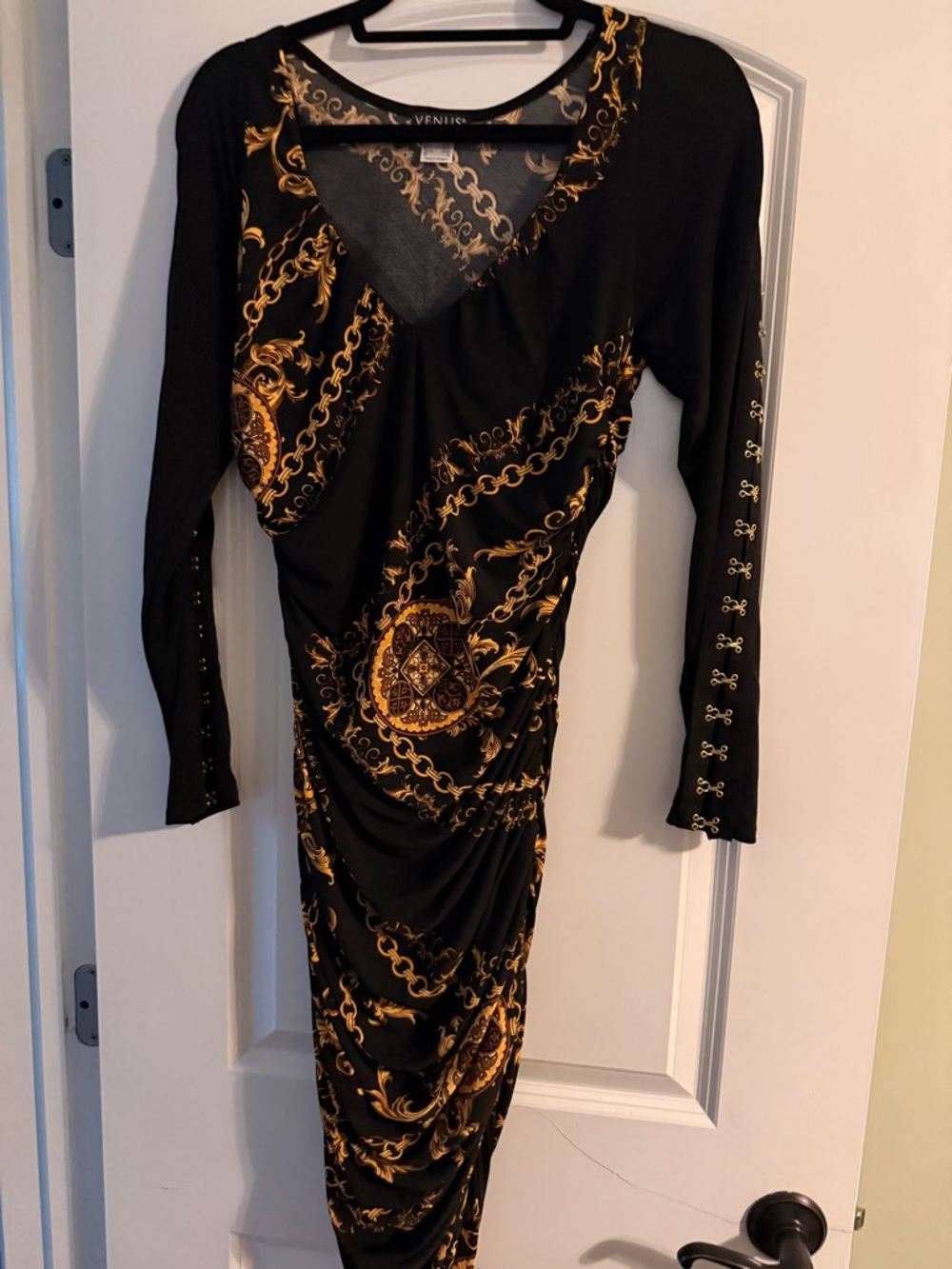 VENUS Black Dress with Gold Chain Medallion Print, Long Sleeve